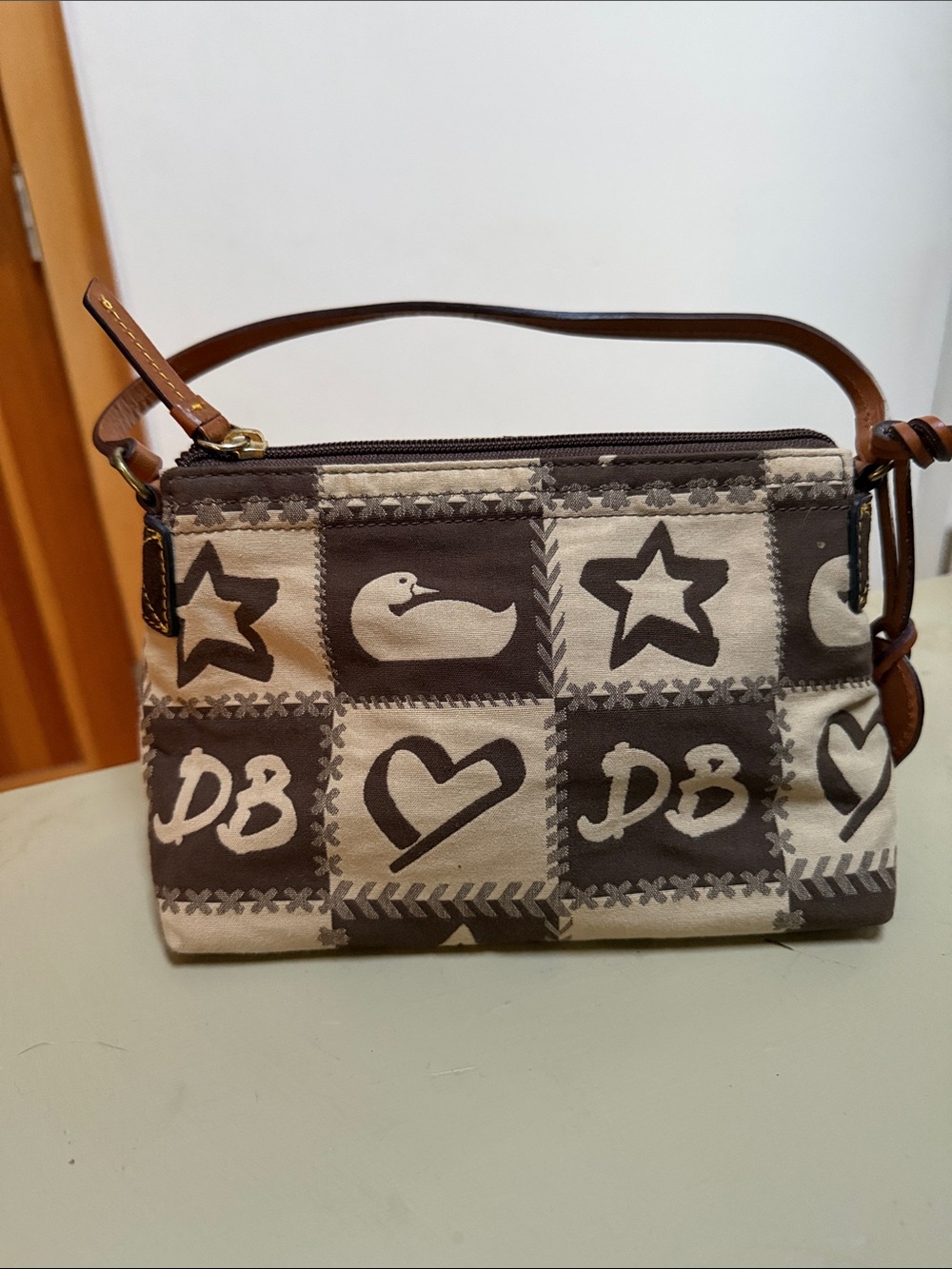 Dooney & Bourke Y2K Brown and Cream Doodle Patchwork Small Shoulder Bag